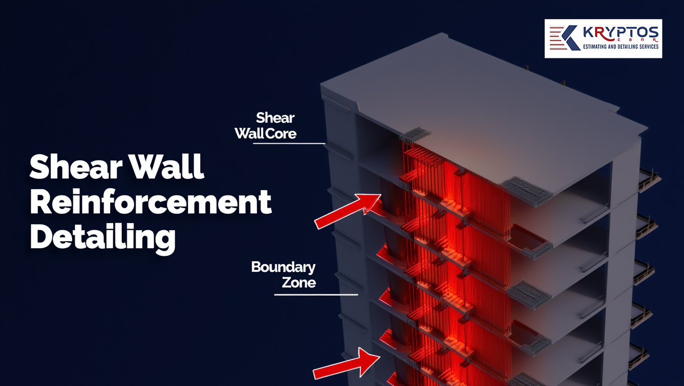 Shear wall reinforcement detailing showing boundary zone and shear wall core reinforcement in high rise building structure