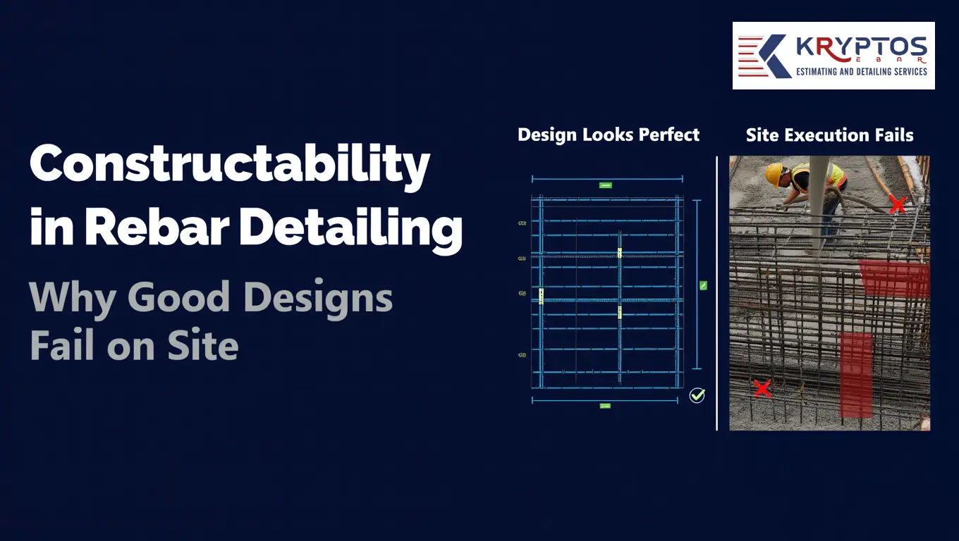 Constructability in rebar detailing showing comparison between ideal reinforcement design and real site execution challenges