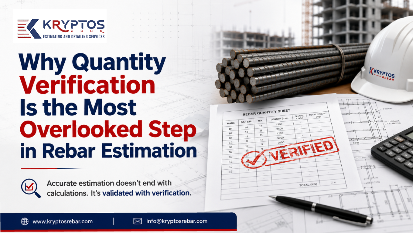 Quantity verification in rebar estimation showing verified rebar quantity sheet, reinforcement steel bars, and construction drawings for accurate procurement planning
