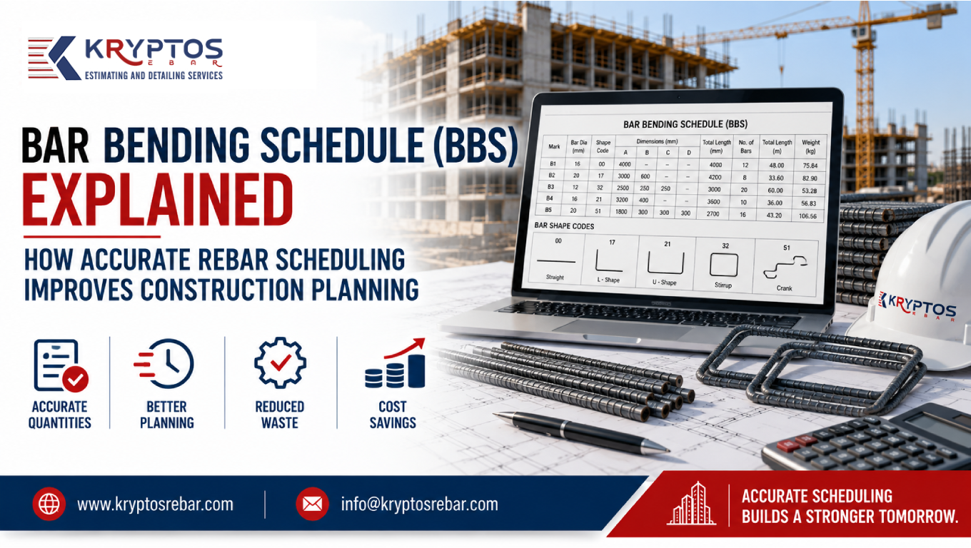 Bar bending schedule showing reinforcement bar marks, quantities, shapes, and cutting lengths