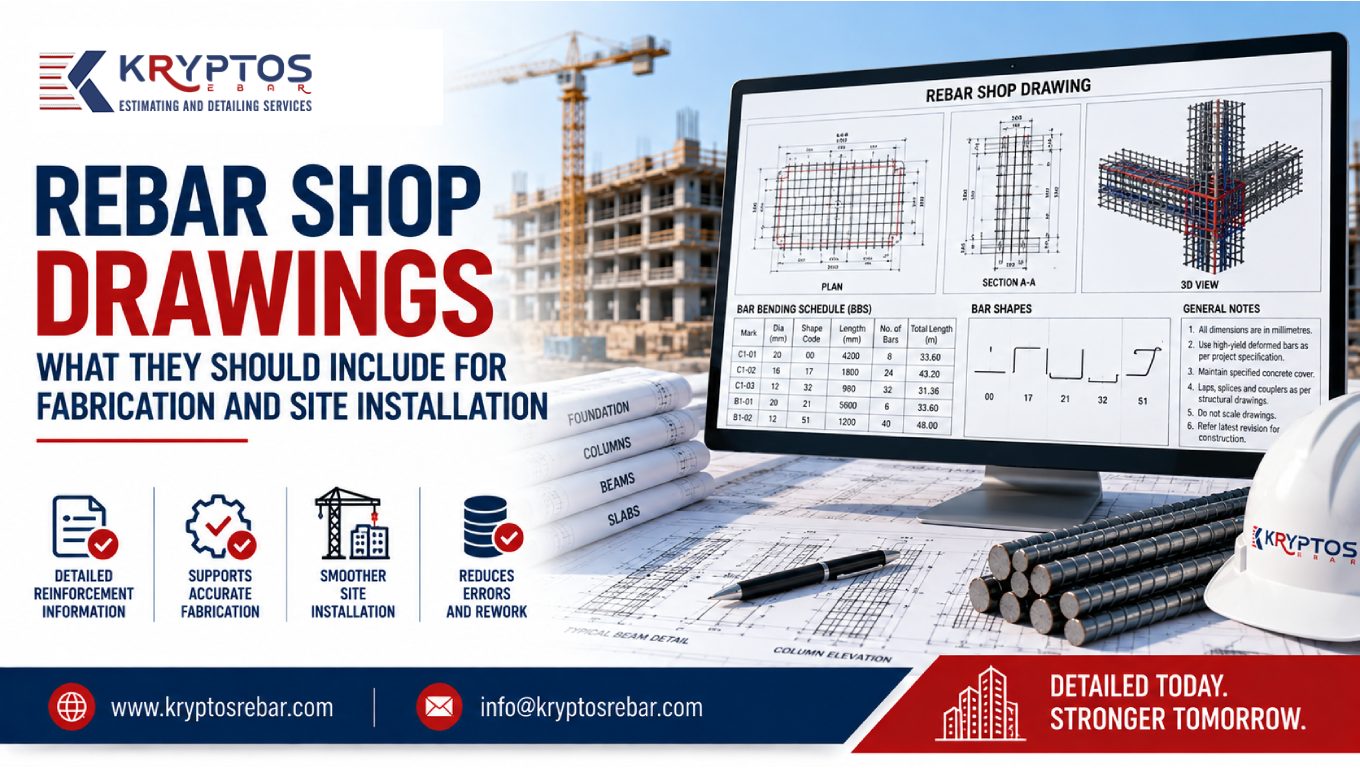 Rebar shop drawings showing detailed reinforcement layouts for fabrication and site installation