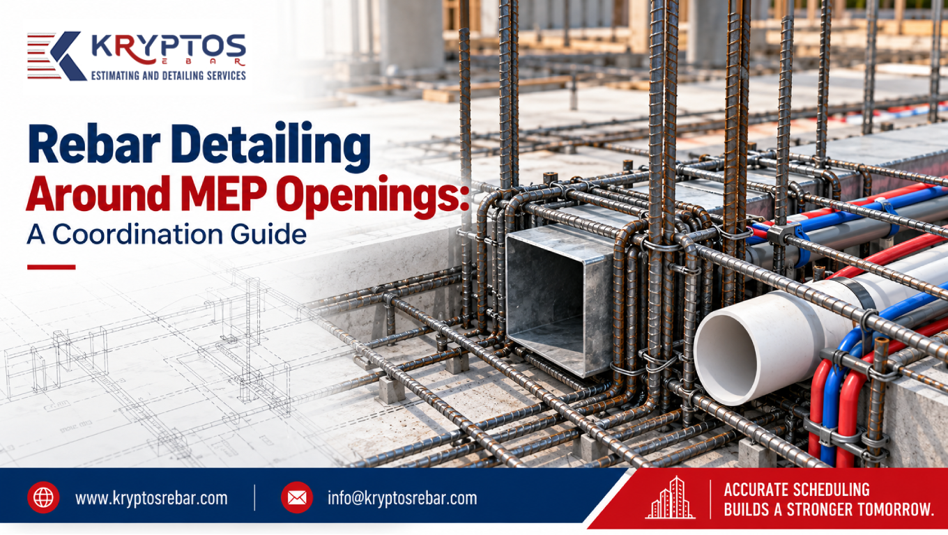 Rebar detailing around mep openings showing coordinated reinforcement and service penetrations