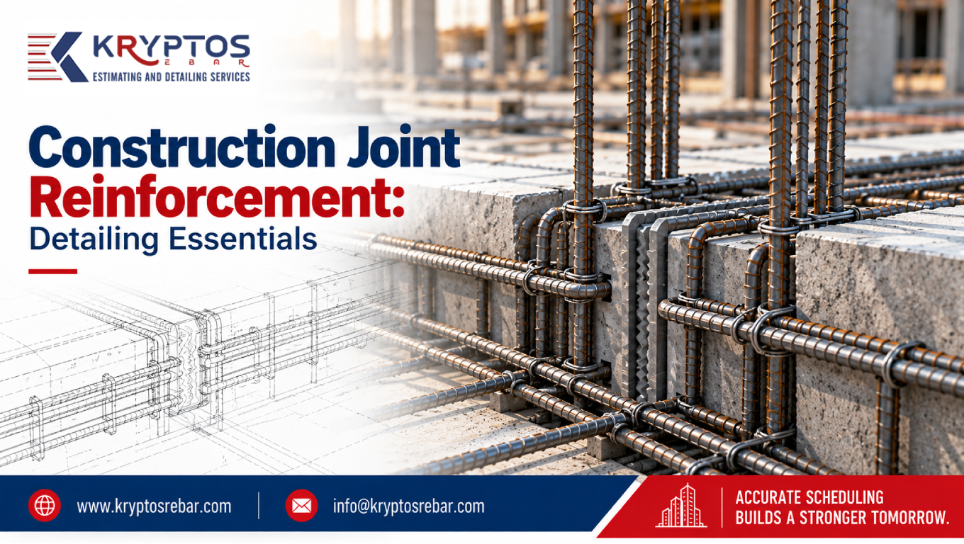 Construction joint reinforcement detailing showing rebar continuity and anchorage.