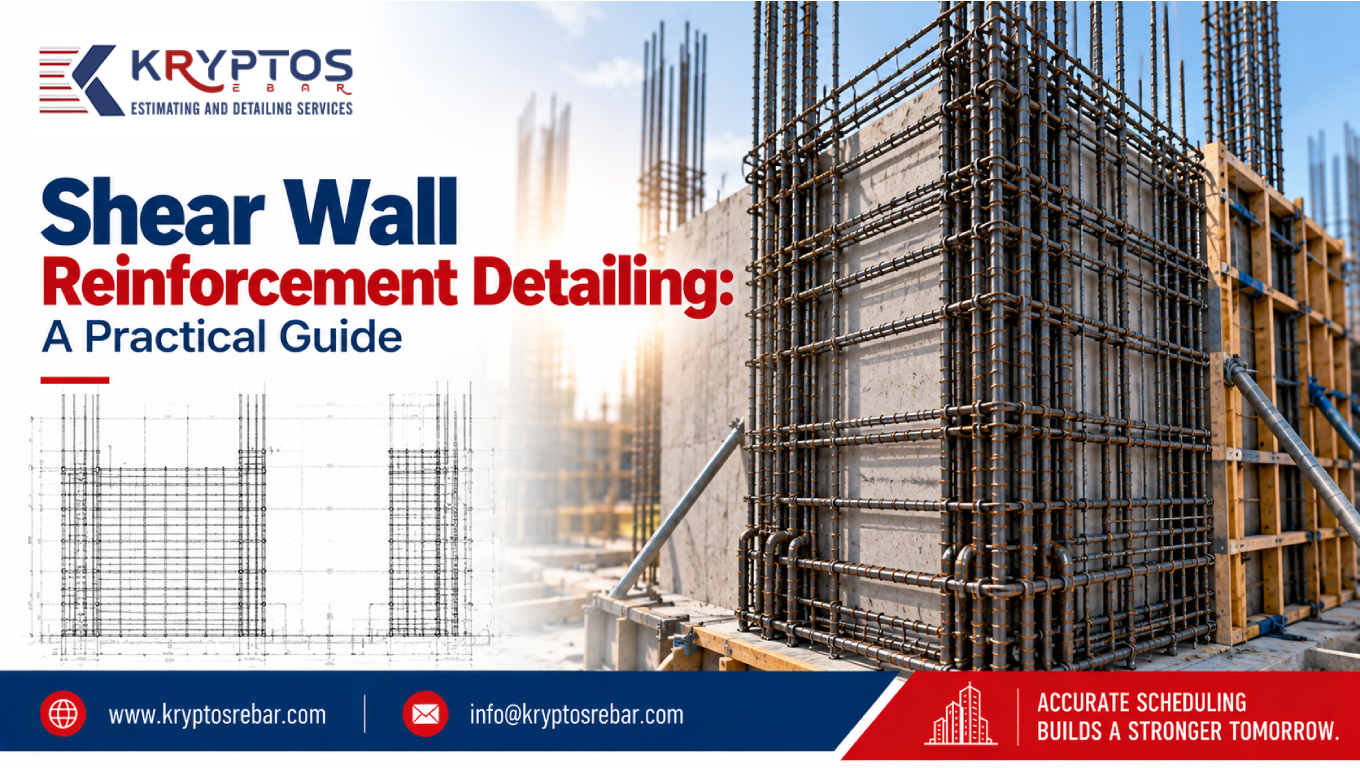 Shear wall reinforcement detailing showing vertical and horizontal steel bars in a reinforced concrete wall
